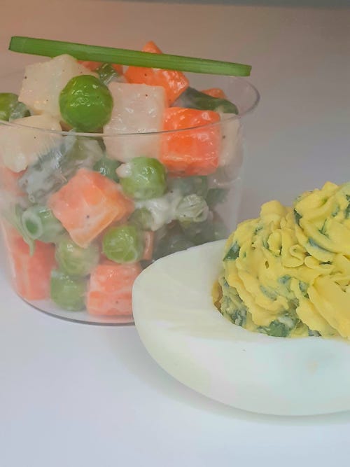 Verrine vegetable salad with egg mimosa
