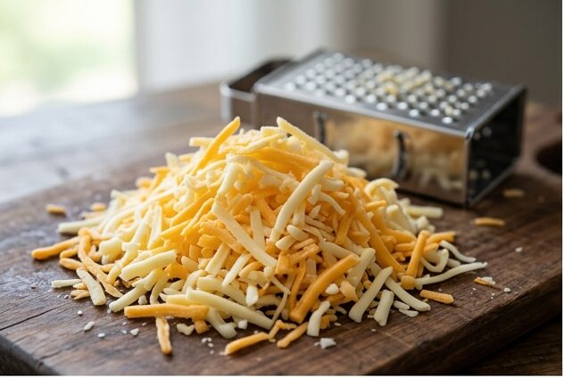 Grated cheese on a cutting board