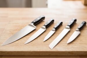 Assorted kitchen knives on a cutting board