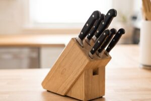 Wooden knife block with several knives arranged