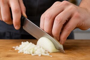 Two hands cutting an onion with the claw grip