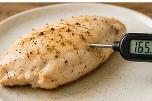 What is the temperature for a well-cooked chicken breast?